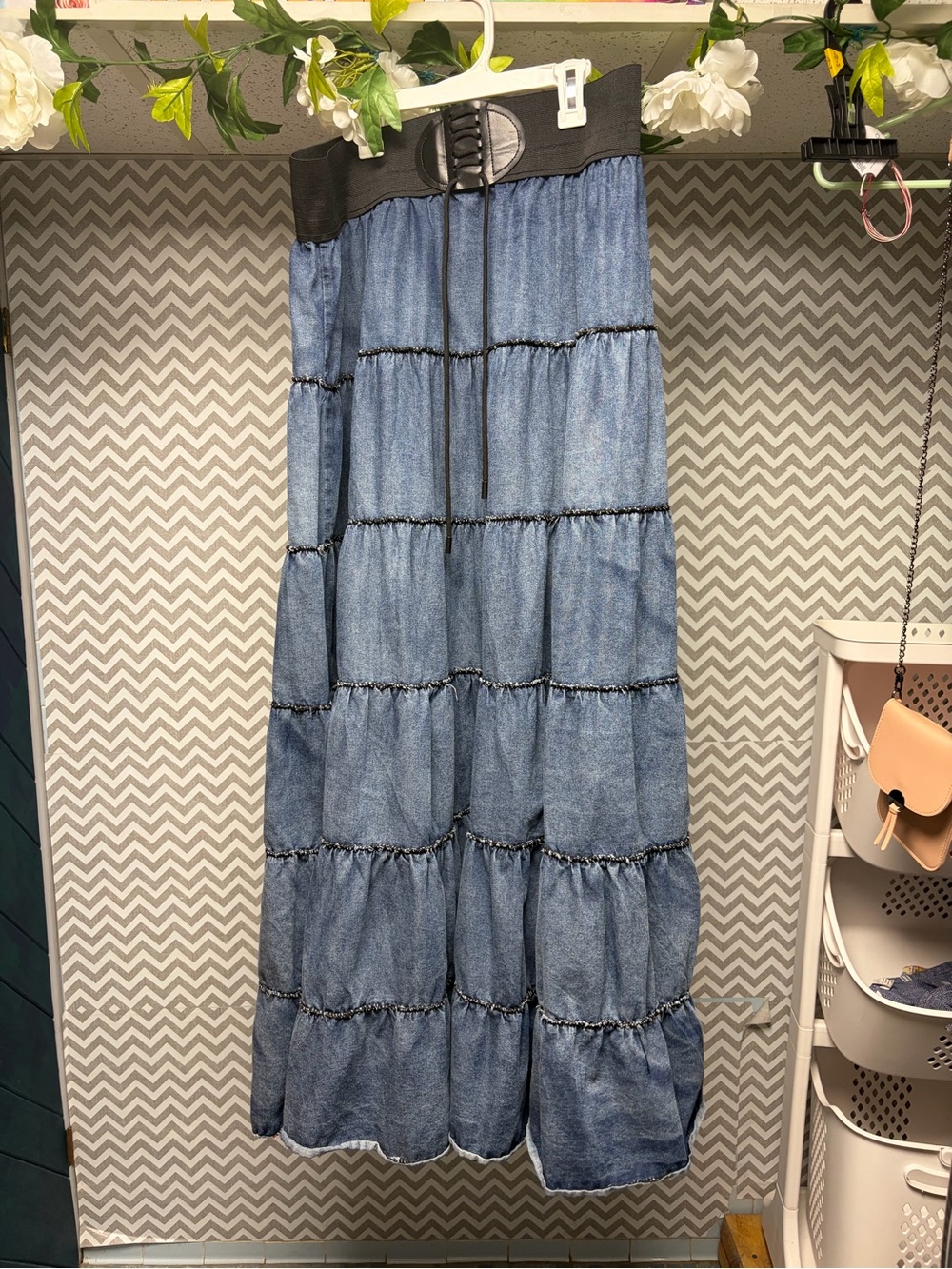 Blue Tiered Boho Denim Maxi Skirt with Wide Elastic Waistband